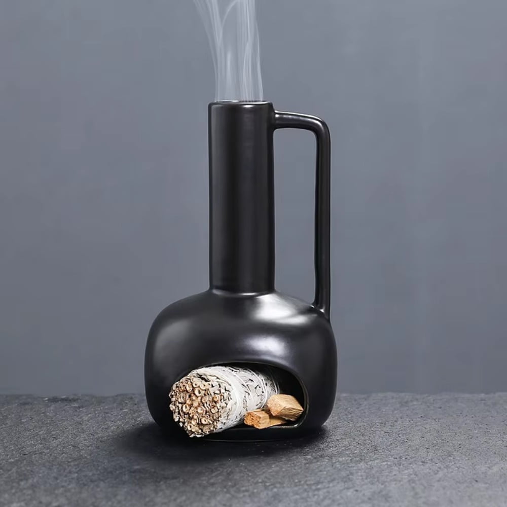 1pc Ceramic Multifunctional Home Decor Palo Santo Holder Sage Burner Incense Burner with Chimney & Handle (Without Incense)
