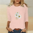 thumbnail image 2 of QIPOPIQ Hauts pour Femmes Manches 3/4 Chemises Col Rond Blouses Décontractées Amples Imprimé Marguerite T-Shirts en Liquidation, 2 of 5