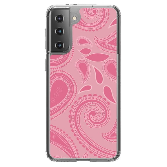 DistinctInk Clear Shockproof Hybrid Case for Galaxy S21 5G (6.2" Screen) - TPU Bumper, Acrylic Back, Tempered Glass Screen Protector - Big Pink Paisley
