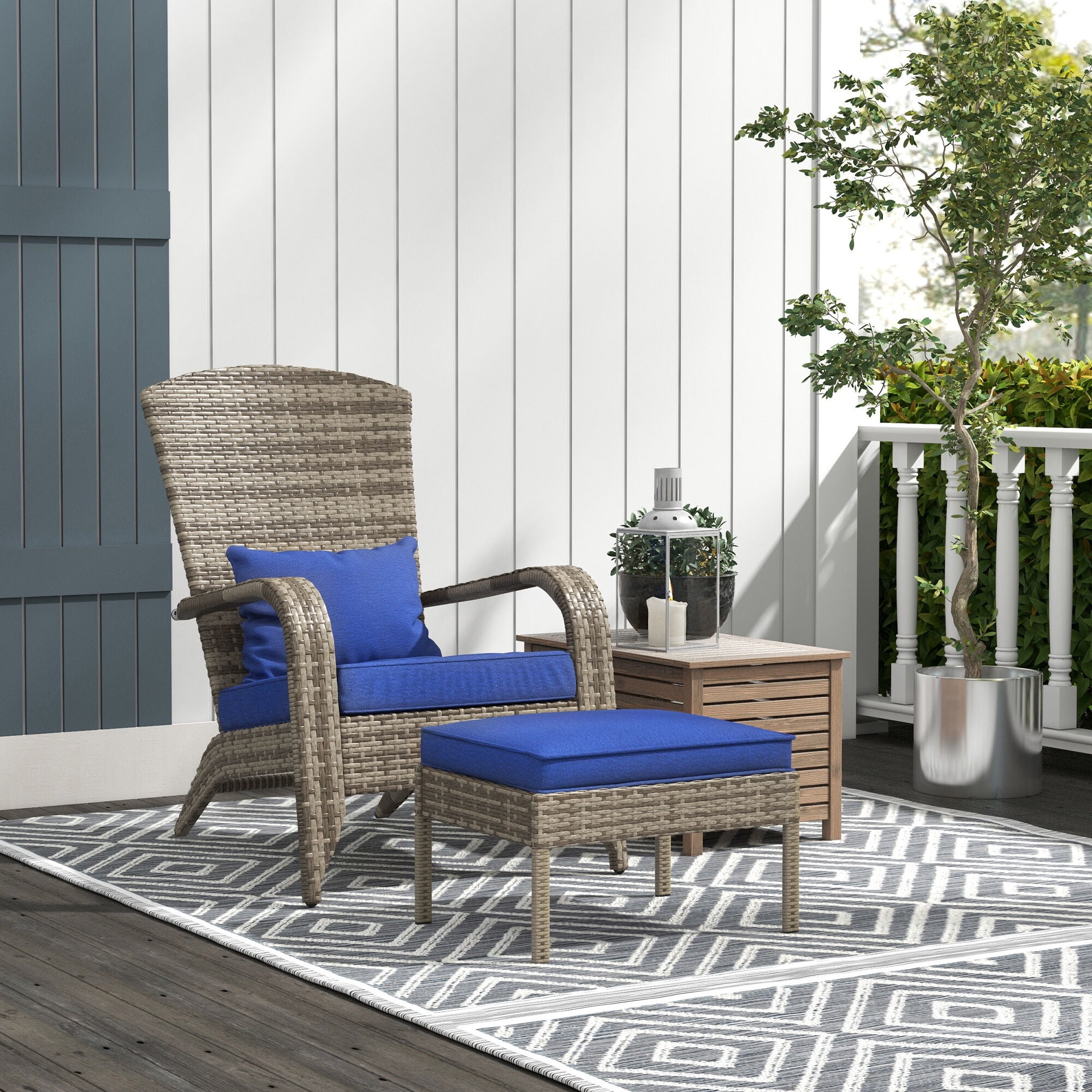 Patio Furniture Outsunny Patio Wicker Adirondack Chair with Ottoman, Outdoor Fire Pit Chair with Cushions, High-Back, Large Seat & Armrests for Deck, Garden & Backyard, Dark Blue,Patio Chairs