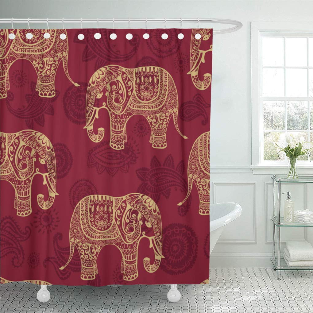 CYNLON Burgundy Elephant Gold Paisley Ethnic Bathroom Decor Bath Shower