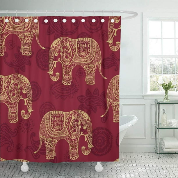 CYNLON Burgundy Elephant Gold Paisley Ethnic Bathroom Decor Bath Shower