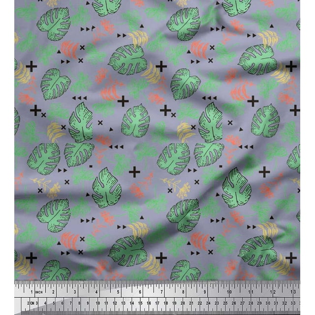 Soimoi Rayon Fabric Geometric Sign,Clover & Monstera Leaves Print Fabric by Yard 42 Inch Wide