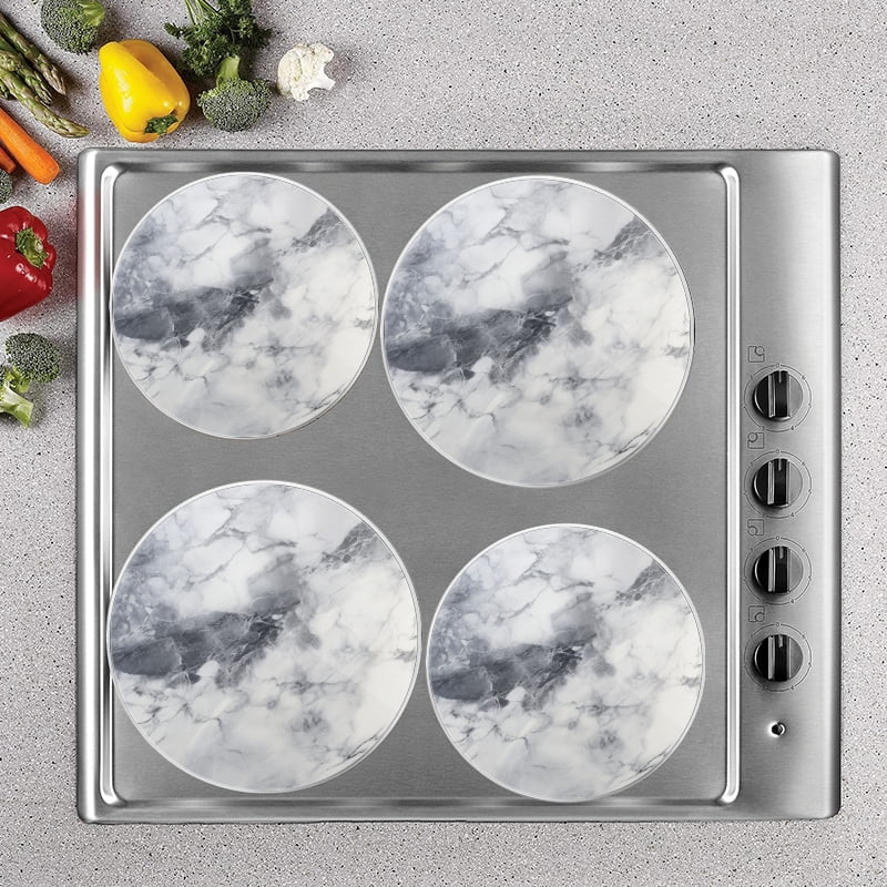 Bahomeck Gas Stove Burner Cover Set Of 4,Marble Texture Of White And Gray Color Scheme Metal Electric Stove Burner Covers,Protecting Gas Stoves,Kitchen Decor，8 Inch And 10 Inch