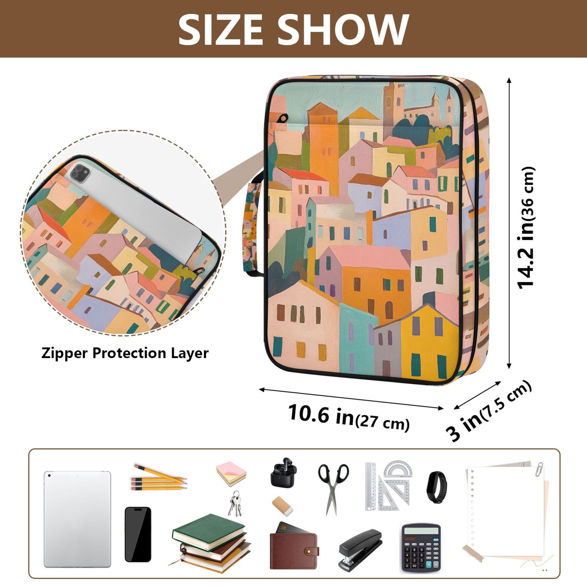 FORMRS Accordion File Folder A4 Size 7-Pocket Expanding Document Organizer Bag with 3 Ring Binder, Orange Cityscape Painting