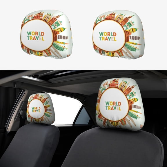 Kdxio World Travel3 Pattern Print 2 Piece Car Head Rest Covers Set Auto Front/Rear Seats Headrest Cover Universal Fit Most Cars,Sedan, SUV