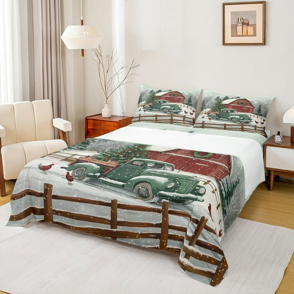 Feelyou Xmas Holiday Twin Sheet Sets, Rustic Cabin Truck Twin Fitted Sheet, Winter Snowflake Flat Sheet, Microfiber Bedroom Decor,3-Piece