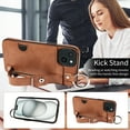 thumbnail image 5 of for iPhone 15 Plus Wallet Case with Card Holder, Hand Wrist Strap Loop Holder Kickstand, Finger Grip Ring Buckle PU Leather Double Buttons Shockproof Cover for iPhone 15 Plus, Brown, 5 of 10