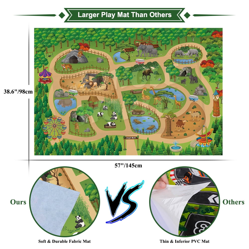 Mini Tudou 12 Pcs Safari Animals Figures Toys w/ 57x38.6'' Large Activity Play Mat, Realistic Jumbo Jungle Wild Toy Zoo Animal Figurines Playset w/ Elephant, Giraffe, Lion for Kids Boys Girls