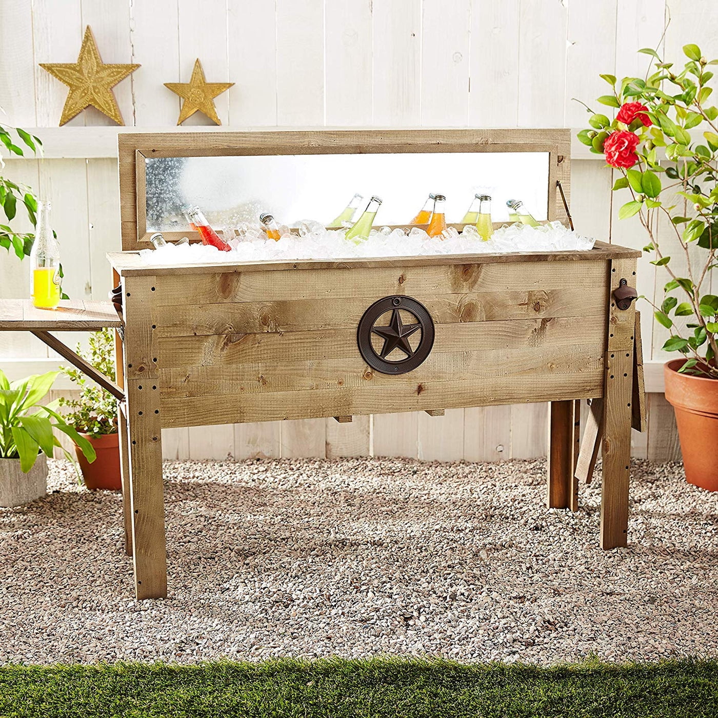 Backyard Expressions Rustic Outdoor Beverage Cooler for Patio - 87 Qt. w/ Folding Side Tables - Rustic Brown
