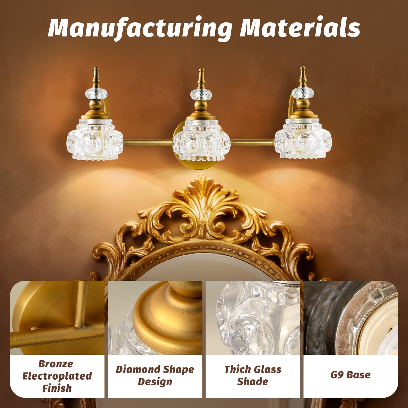 ROSYNEY 3-Light Vanity Light with Thick Crystal Glass Shade, Vintage Vanity Light, Vintage Bathroom Light Fixtures(Bronze), G9 Base