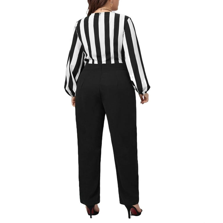 Black and white striped jumpsuit plus size sale