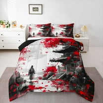 Castle Fairy Japanese Samurai Bedding Comforter Set 2pcs for Kids Teens Adults,Black Red Tree Leaves Twin Comforter Sets Microfiber,Exotic Style Breathable Bedding Set,Luxury Bedroom Decor