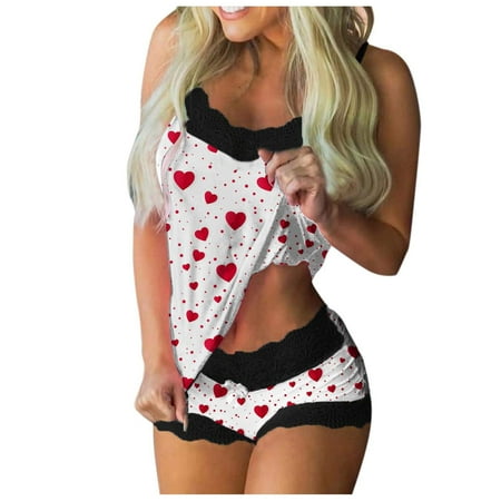 

DNDKILG Women s Pajama Set Lace Graphic Casual Cami and Shorts Pj Set 2 Piece Sleepwear White S
