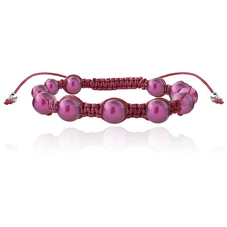 - 7.5-8mm Dark Pink Freshwater Cultured Pearls Shamballa Adjustable Bracelet, 7.5