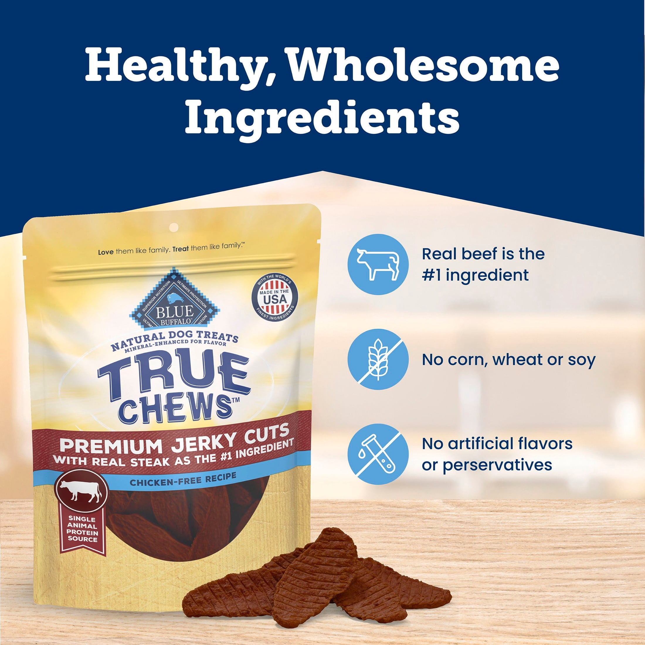 (24 pack) Blue Buffalo True Chews Premium Jerky Cuts Chicken-Free Natural Dog Treats, Steak, 20oz.