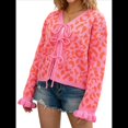 thumbnail image 3 of Suéter de Leopardo Peludo para Mujer, Cárdigan de Larga con Cordones, Tejido A Crochet, Larga Rosa Roja M, 3 of 10