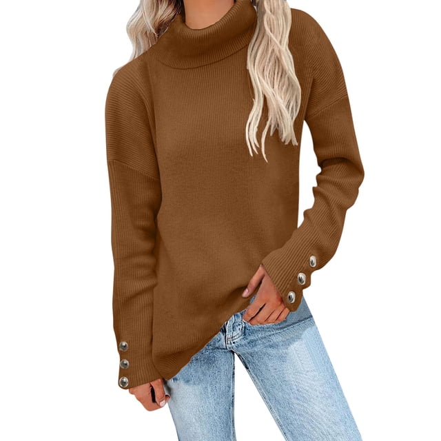 Gibobby Suéter mujer, Suéter corto de cuello alto para mujer, suéter de punto acanalado(Café,CH)