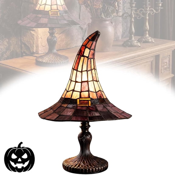 Stained Glass Witch Hat Lamp - Handcrafted USB Powered Gothic Table Lamp(#B L)
