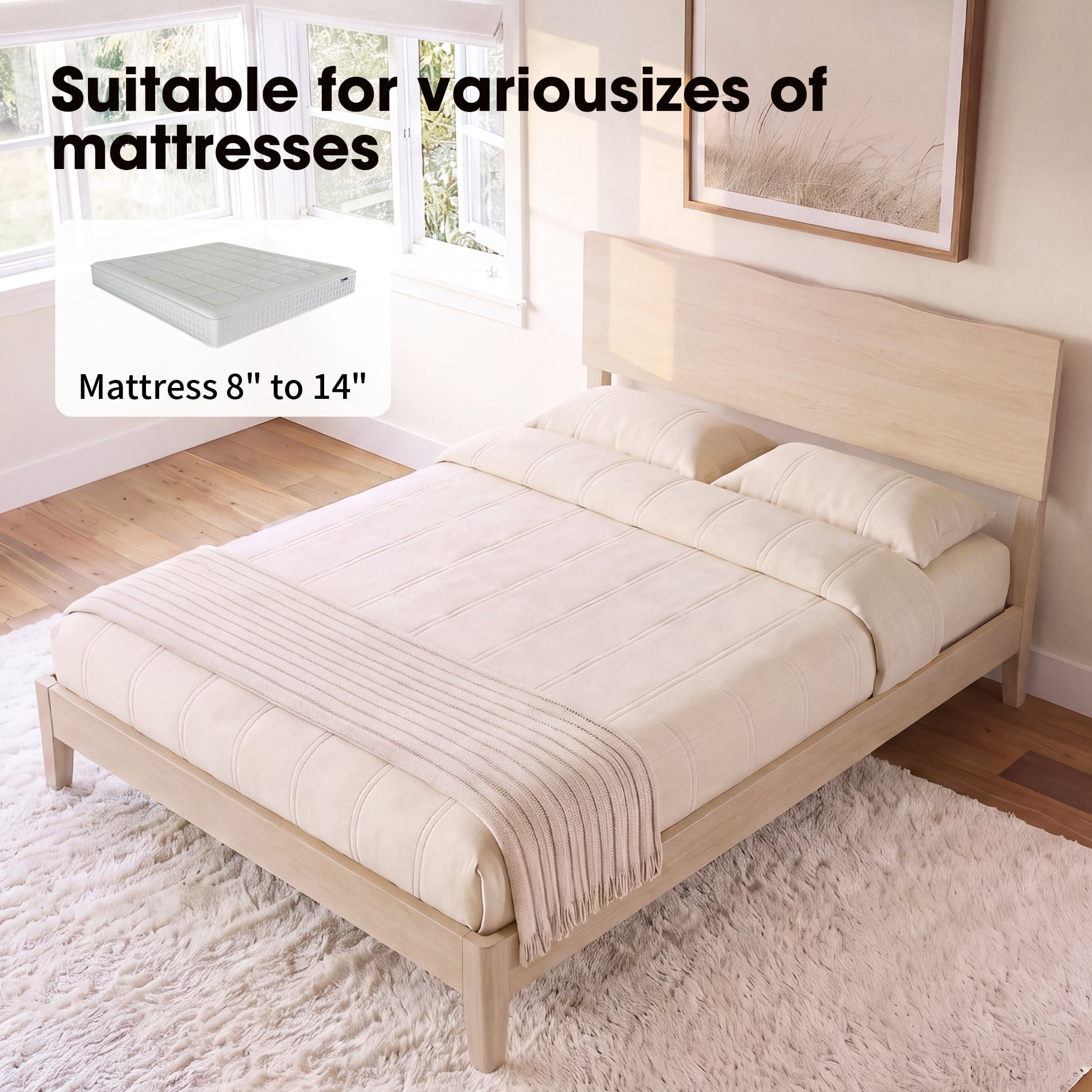 Queen Size Bed Frame with Minimalist Wave Headboard, Wooden Platform Bed Frame with Solid Wood Legs and Mid-Beam Support for Bedroom Furniture, Beige