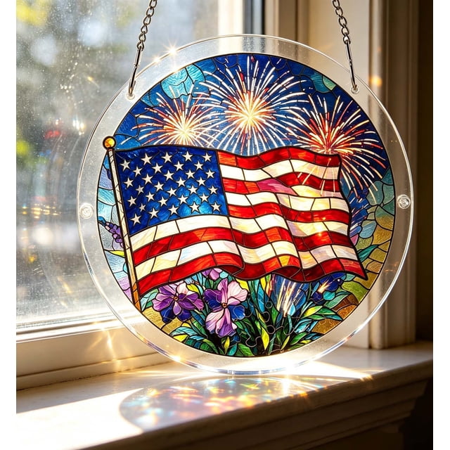 Patriotic Acrylic Suncatcher Stained Glass Style Window Hanging Ornament Independence Day Memorial Day Home Decor With Chain