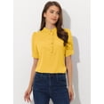 thumbnail image 3 of Top de blusa de trabajo con cuello redondo y mangas cortas con tapeta de medio botón con volantes para mujer Amarillo L, 3 of 5