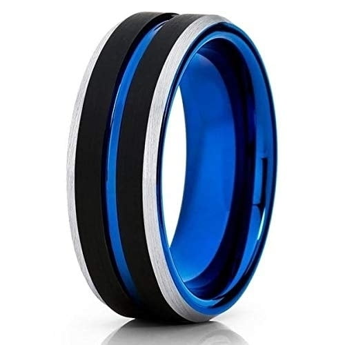 Silly Kings Jewelry 8mm Blue Tungsten Wedding Band - Blue Tungsten Ring - Men's - Black Tungsten (7.5)
