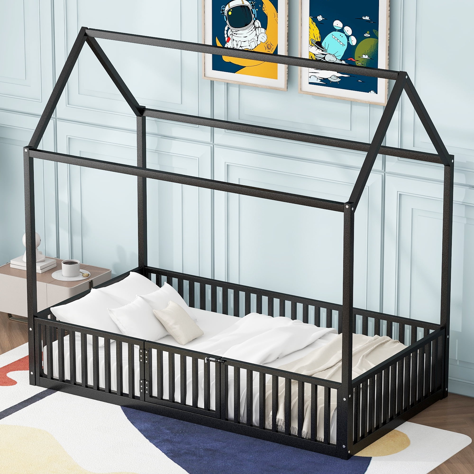 MODERNLUXE Twin Size Platform Bed Frame, House Floor Bed with Fence and Door, Black