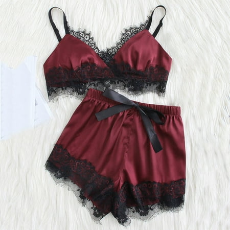 

cuitcosohg Sleep Dress for Women Women Sleepwear Sleeveless Strap Nightwear Lace Trim Satin Top Pajama Sets Spandex Lace Thong Plus Size Panties