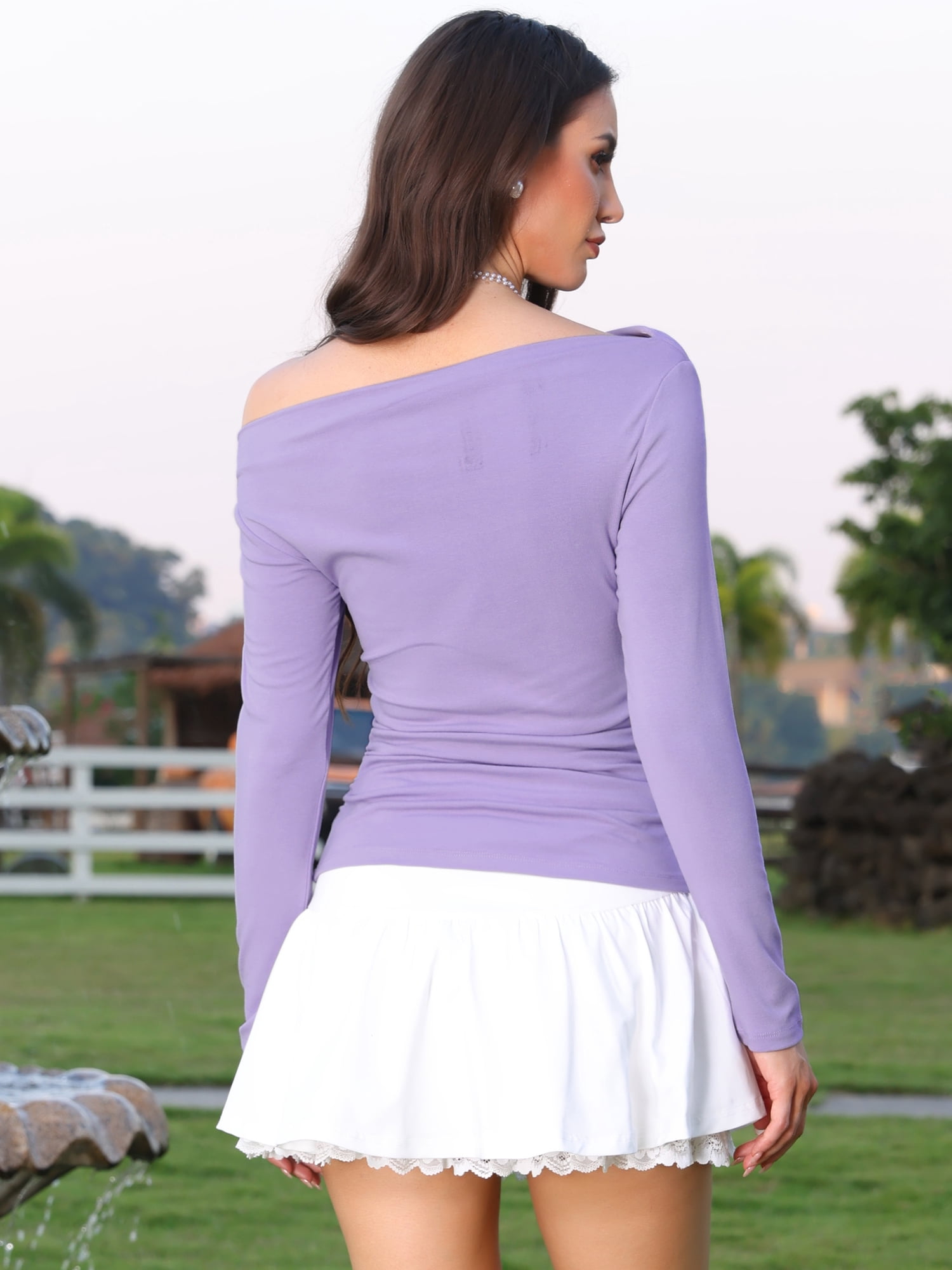 DARING DIVA Women's Off the Shoulder Long Sleeve Ruched Shirts Fit Tee Blouses XL Purple