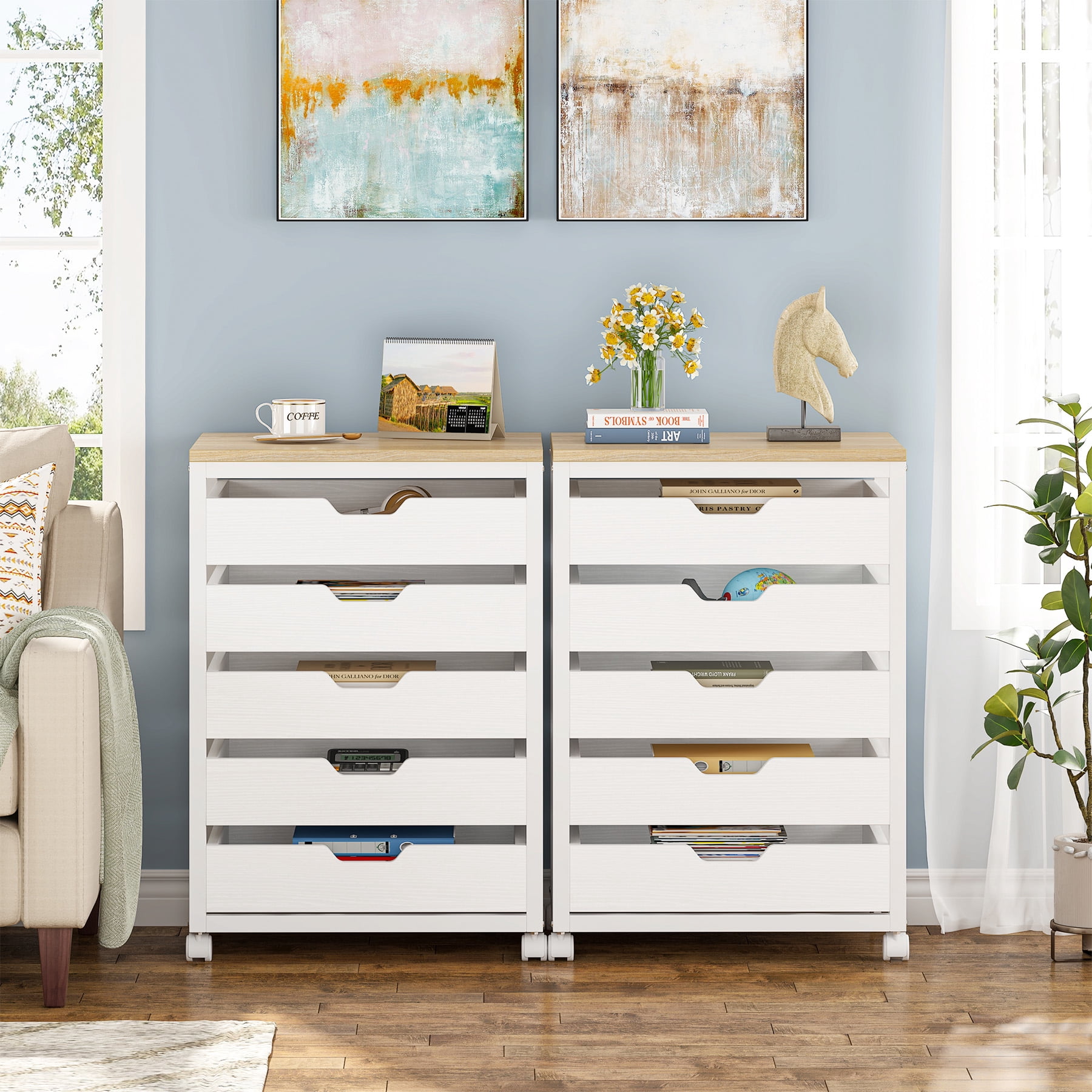 Tribesigns Modern 5-Drawer Dresser for Bedroom, Small Portable Chest of Drawers with Wheels and Metal Frame for Living Room, White