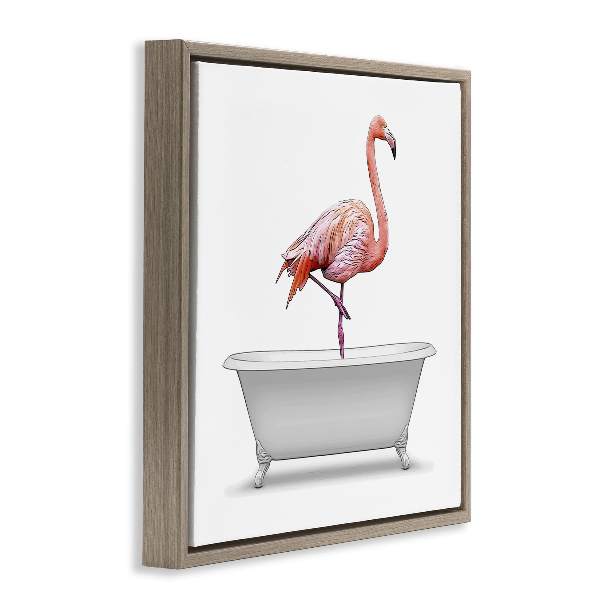 Stupell Industries Flamingo Standing Antique Bathtub Animals & Insects Painting Brown Floater Framed Canvas Art Print Wall Art, 18 x 18
