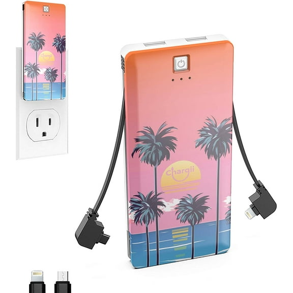 Chargii Beach Portable Battery Charger Built in Cable Compatible with iPhone Compatible Wall Plug AC Adapter USB-C   2 USB Ports, Compact External Powerbank Cell Phone Compatible with iPhone, Android
