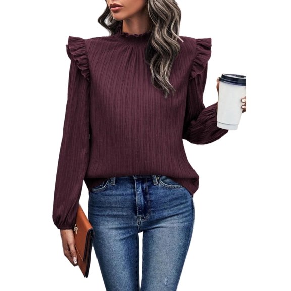 Solid Color Ruffle Shoulder Long Sleeve Textured Top for Women Burgundy Small