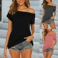 thumbnail image 4 of Askfv Women T-Shirt Off Shoulder Tops Summer Casual Short Sleeve T Shirts Baggy Tunic Blouse Tops, 4 of 4