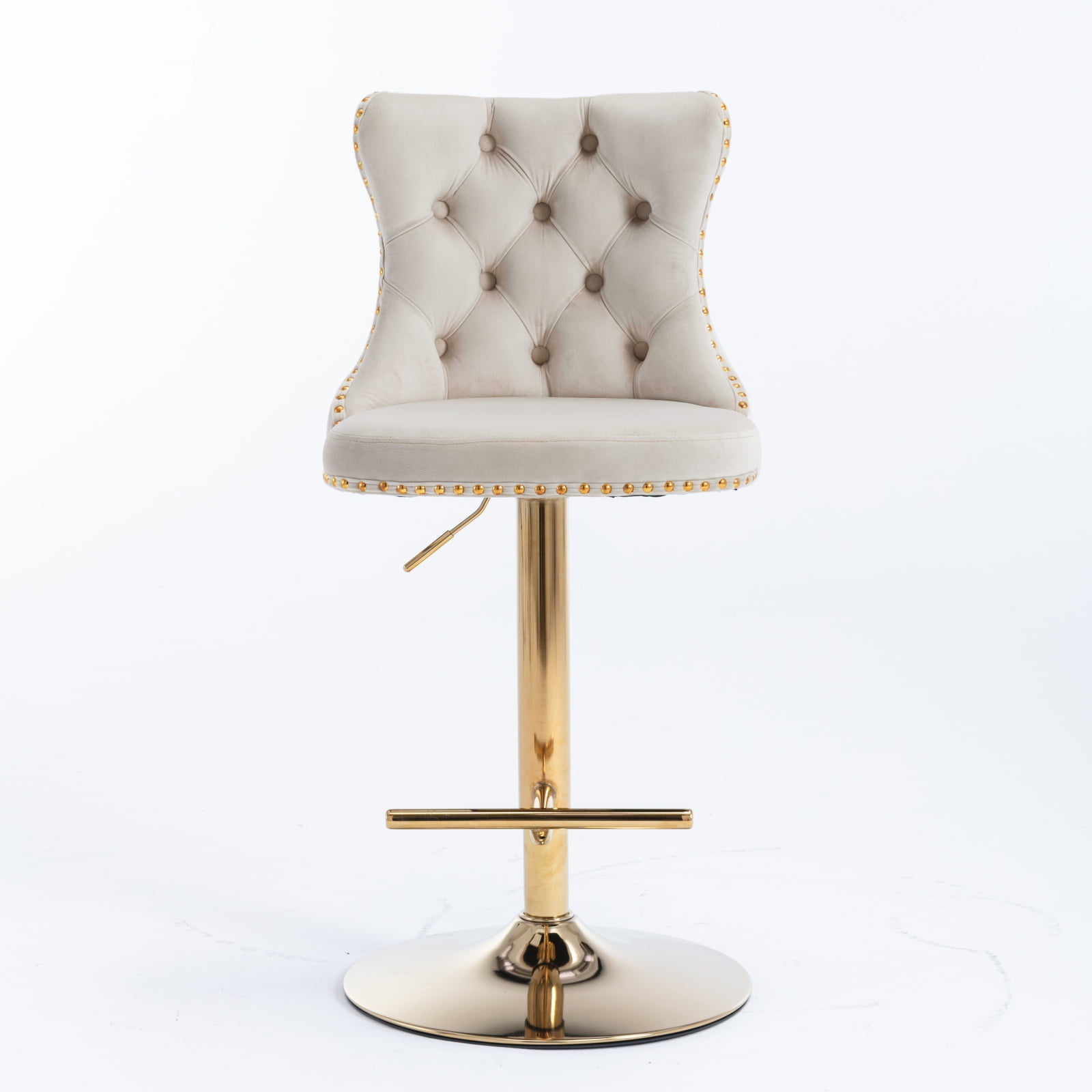 Swivel Bar Stools Set of 2, PAPROOS 25-33''Adjustable Height Bar Stool with Back, Velvet Upholstered Counter & Bar Height Bar Stool with Button Tufted & Nail Trim, Kitchen Island Chair, Beige & Gold
