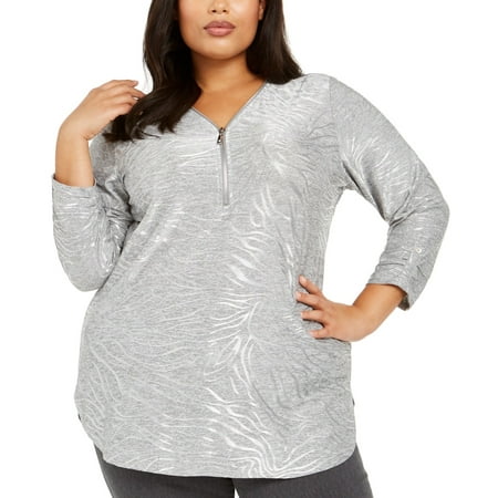 JM Collection Women's Metallic Animal Print Zip Top Grey Size 3X