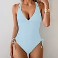 thumbnail image 4 of UTSJKR Tummy Control Swimsuits for Women Cutout Drawstring Slimming One Piece Bathing Suit Deep V Neck Push Up Monokinis Light Blue M, 4 of 8