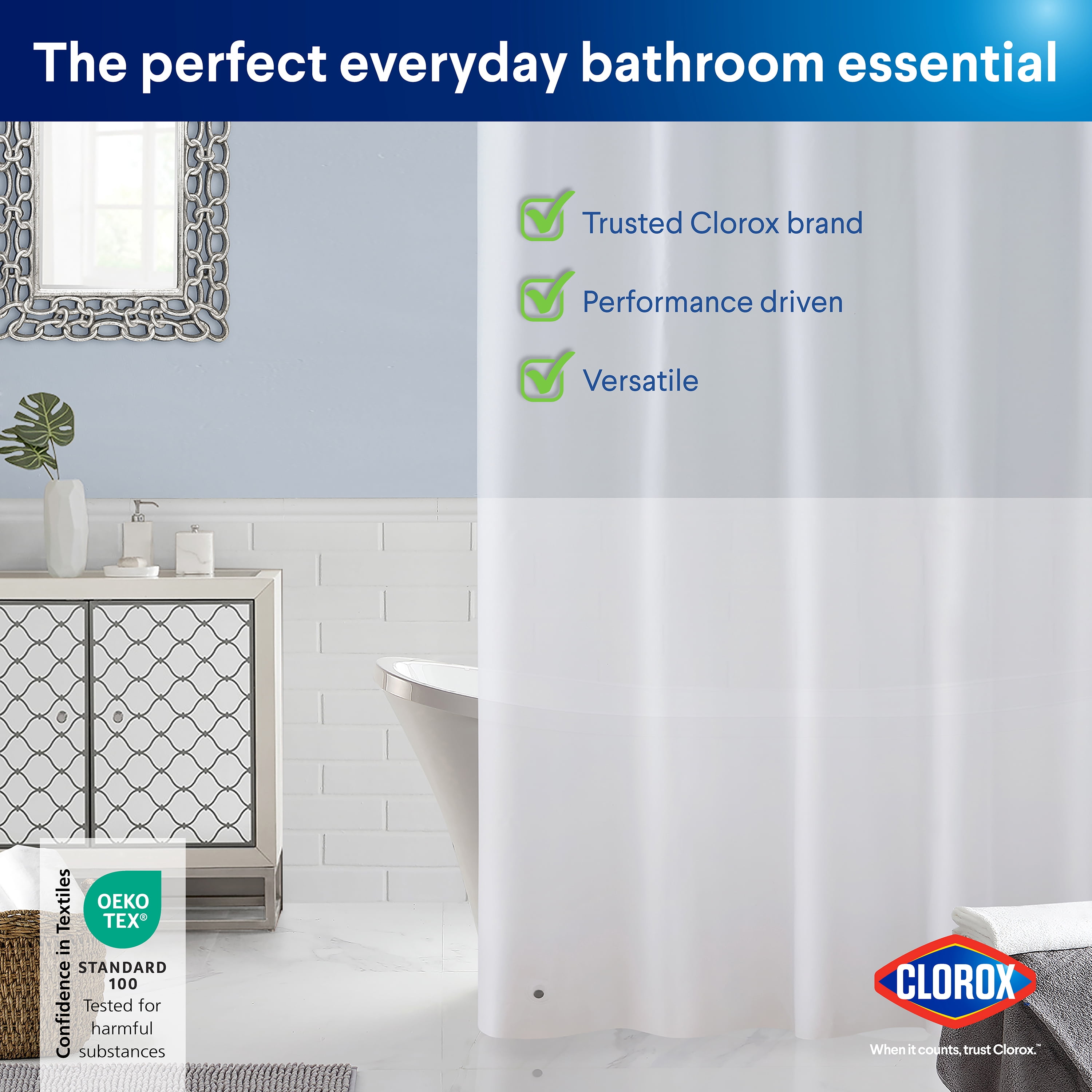 Clorox Shower Curtain Liner, Premium Heavyweight Durable Waterproof 8g PEVA for Bathroom with Weighted Magnets, Standard Size 72" x 72", Frosty 1 Pack