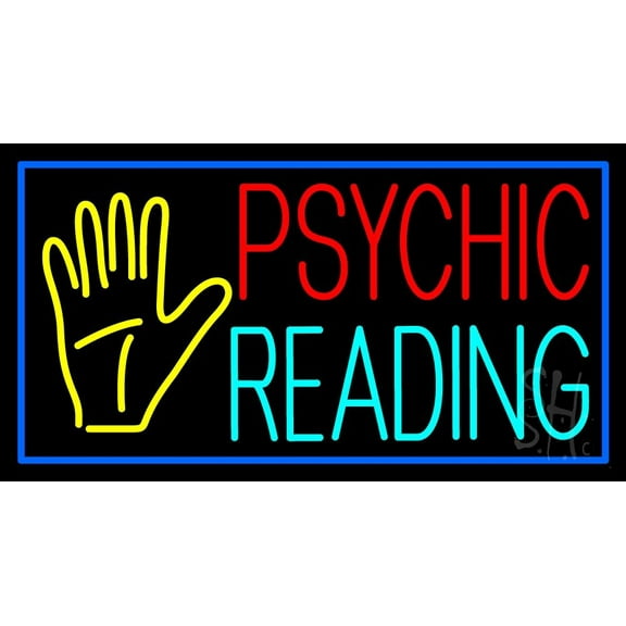 Psychic Reading Block Palm Blue Border LED Neon Sign 20" Tall x 37" Wide - inches Black Square Cut Acrylic Backing, with Dimmer - Bright and Premium built indoor LED Neon Sign for Storefront.