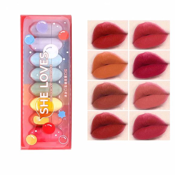 8 Colors Mini Candy Matte Lipstick Set Waterproof Nonstick Cup Lipstick Matte Velvet Cute Capsule Lipstick Makeup Gift Set (red)