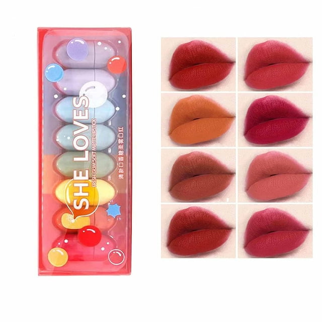 Ensemble de 8 Couleurs Mini Rouge à Lèvres Mat Bonbon Imperméable Antiadhérence Tasse Rouge à Lèvres Velours Mat Mignon Capsule Rouge à Lèvres Maquillage Coffret Cadeau (Rouge)