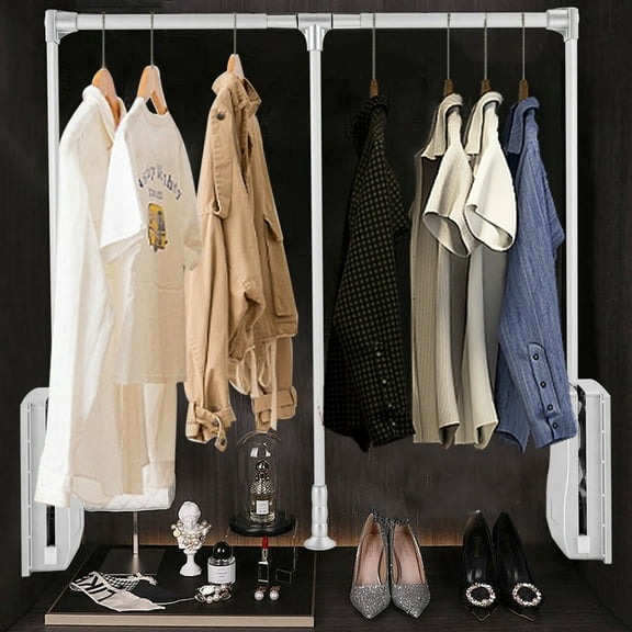 Pull Down Closet Rod for Hanging Clothes Retractable Wardrobe Hanger Silver 30kg