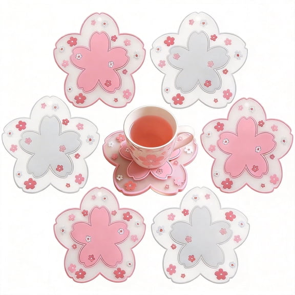6-Piece Sakura Cherry Blossom Coasters Set, 4.3 Inch Non-Slip PVC Cup Mats, Cute Floral Heat Resistant Placemats for Coffee Table, Floral Desk Accessories and Home Kitchen Decor, Pink