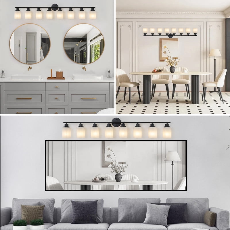 52" Modern 8-Light Vanity Bathroom Light Fixture, Black Iron Frame with Frosted White Glass Shades, Wall Sconce for Mirror, Bedroom, Bathroom, or Dressing Room (Bulbs Not Included)