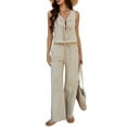 thumbnail image 1 of Conjunto de 2 Piezas para Mujer, Chaleco con Cuello en V y Cintura Anudada, Pantalones Casuales de Pierna , Color Albaricoque , Talla S, 1 of 9
