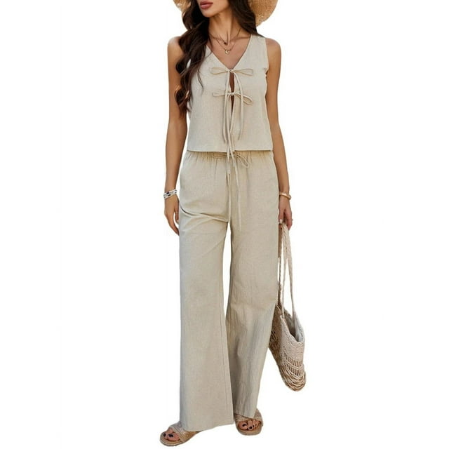 Conjunto de 2 Piezas para Mujer, Chaleco con Cuello en V y Cintura Anudada, Pantalones Casuales de Pierna , Color Albaricoque , Talla S