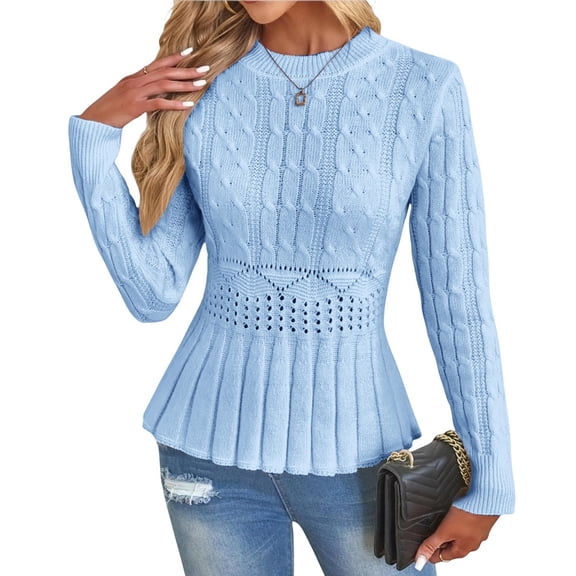 Women's Chunky Knit Crew Neck Long Sleeve Knit Top, Pleated Hem Top with Long Sleeves, Soft Lightweight Jumper Tops
