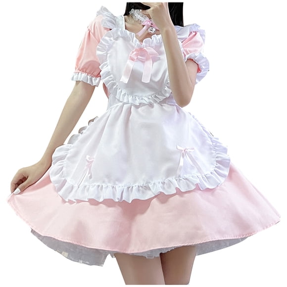 Womens Short Sleeve Tops Women Lovely Maid Cosplay Costume Outfit Dress Clothes Dress Bow Apron Short Sleeved Square Collar Lace Women Short Sleeve Tops Short Sleeve Dress for Women