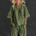 thumbnail image 6 of mihongmao Luau Outfits for Women Holiday Party Sets Women's Summer and Linen Set Casual V-neck Top+wide Leg Pants Set Two-piece Set Green L, 6 of 8